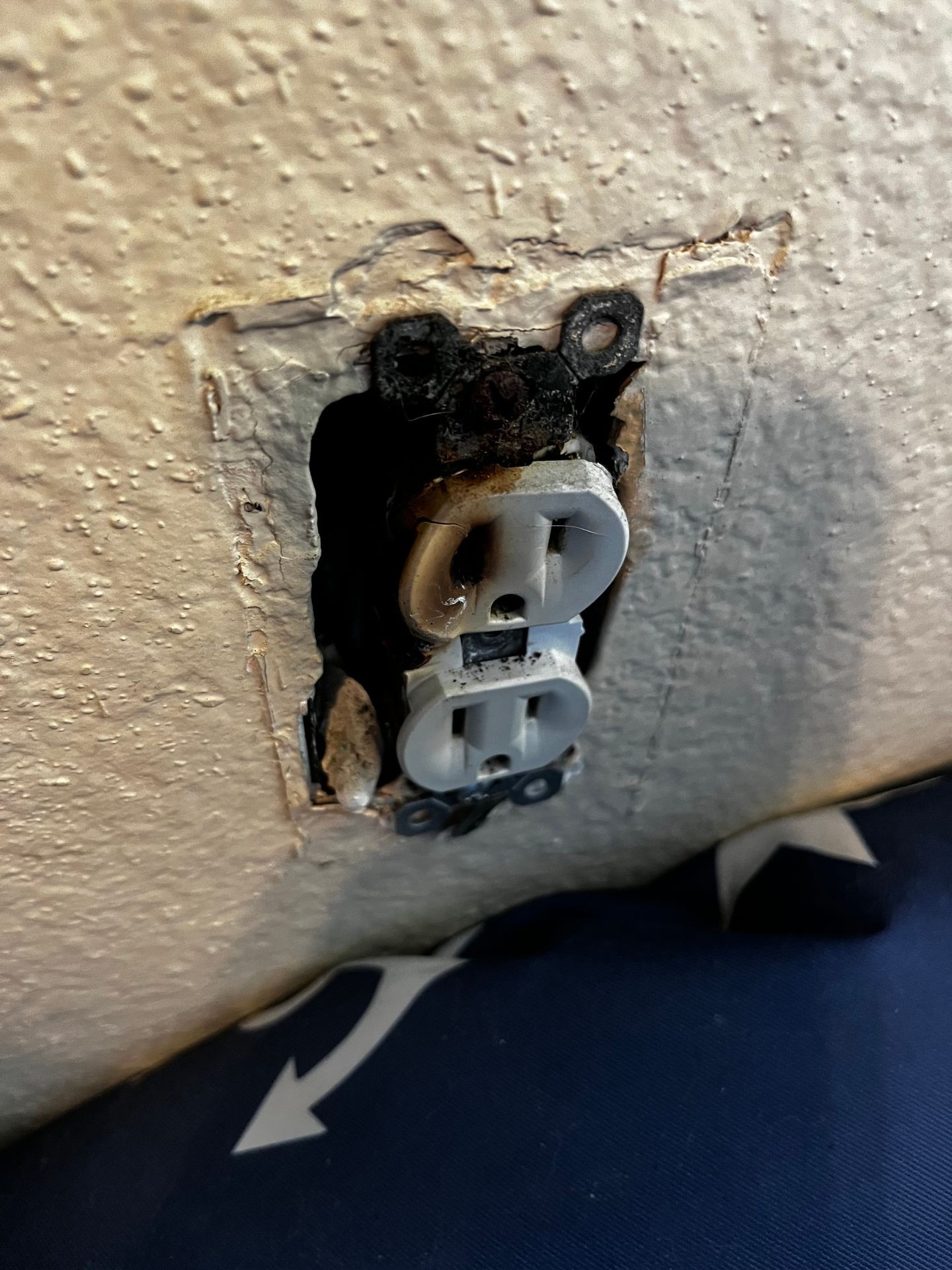 Burned outlet; fire hazard; new outlet replacement; electrical; power plug; electrician; burn; shortage; tripped breaker